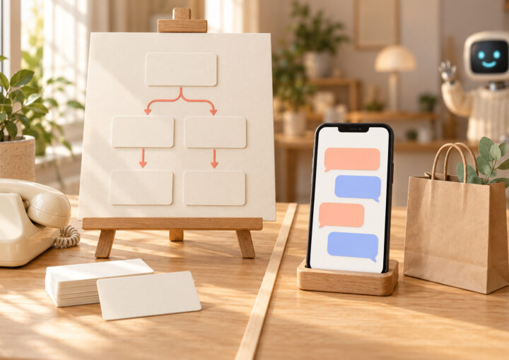 Bureau en bois clair separe en deux mondes : chevalet avec schema de cartes vierges et telephone a bulles de discussion vides, petit robot mascotte flou au fond a droite