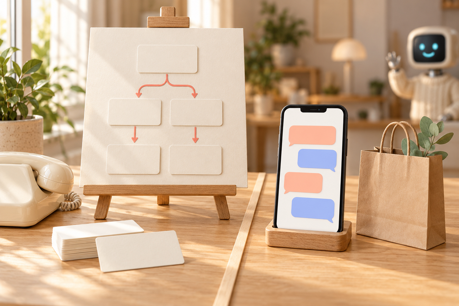 Bureau en bois clair separe en deux mondes : chevalet avec schema de cartes vierges et telephone a bulles de discussion vides, petit robot mascotte flou au fond a droite