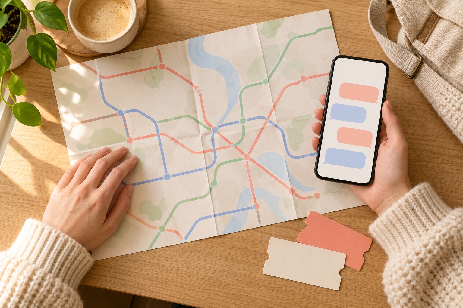 Des mains en pull crème consultent sur une table en bois clair une carte de réseau vierge aux lignes corail, bleu et vert sauge, un téléphone affichant des bulles de conversation vides et deux tickets de bus vierges