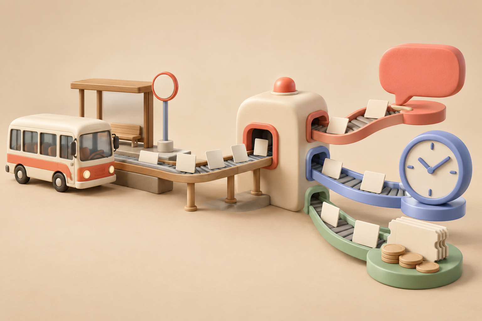 Maquette clay 3D d’un bus jouet crème alimentant un tapis de cartes vierges vers trois pistes corail, bleu et vert sauge terminées par une bulle de conversation, une horloge et une pile de tickets