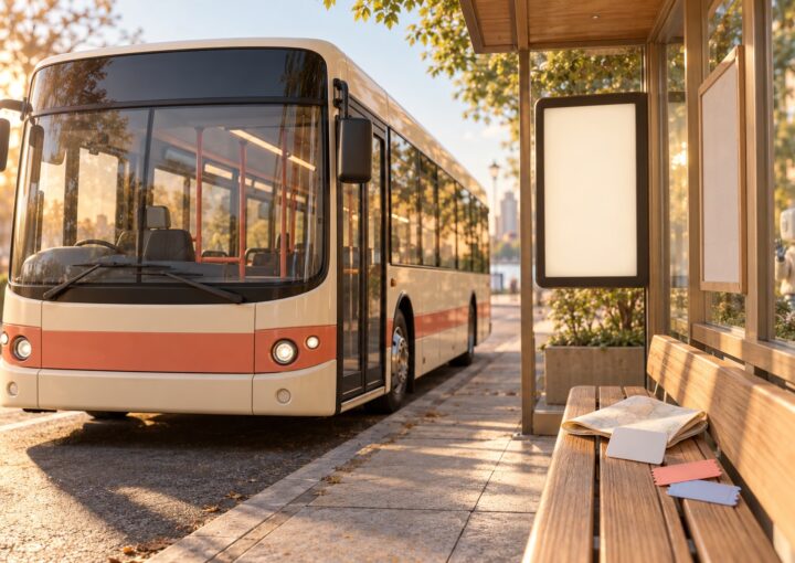 Un bus crème à bande corail arrêté devant un abri voyageurs en bois clair, écran d'information et panneau d'horaires vierges, cartes et titres de transport posés sur le banc