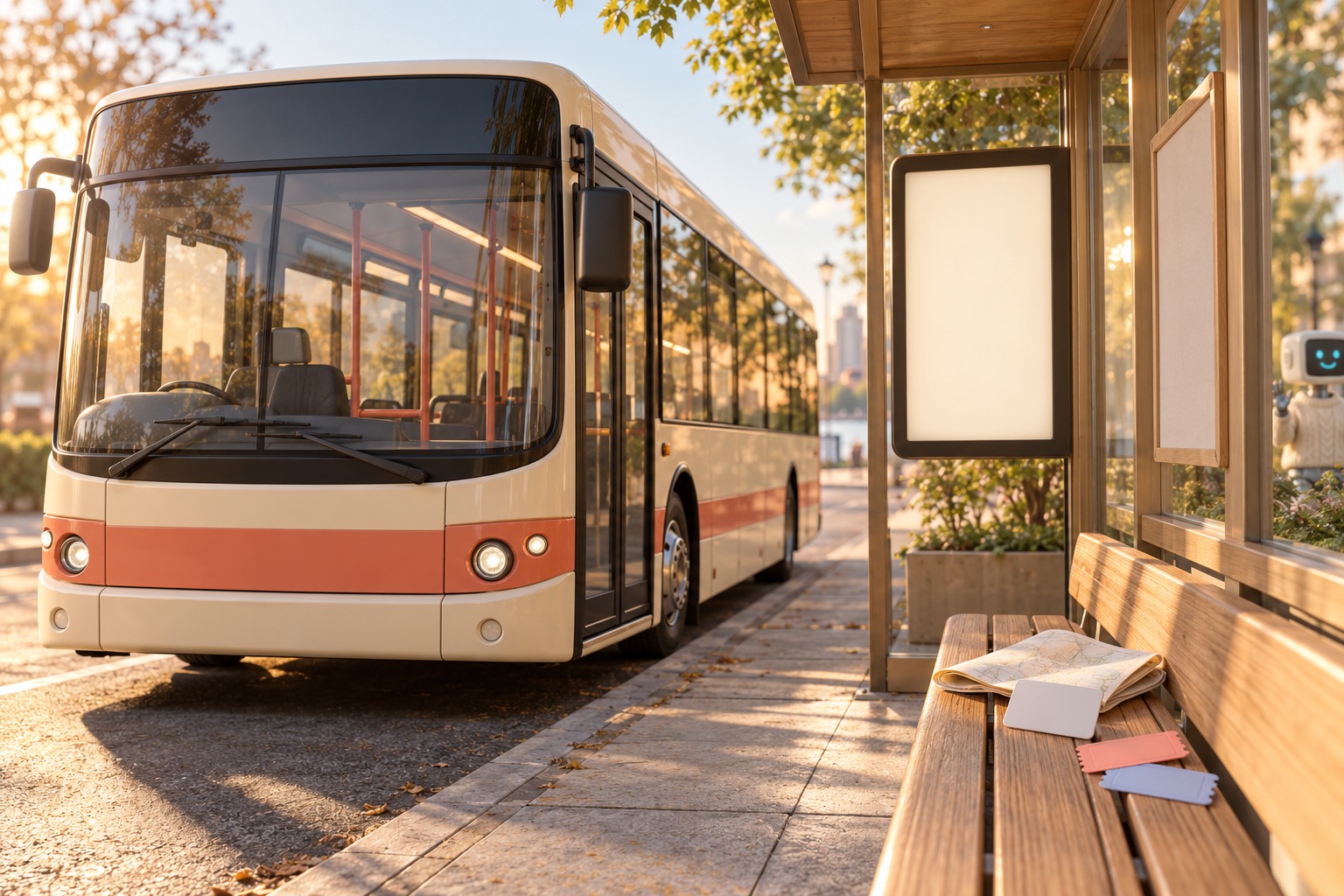 Un bus crème à bande corail arrêté devant un abri voyageurs en bois clair, écran d'information et panneau d'horaires vierges, cartes et titres de transport posés sur le banc
