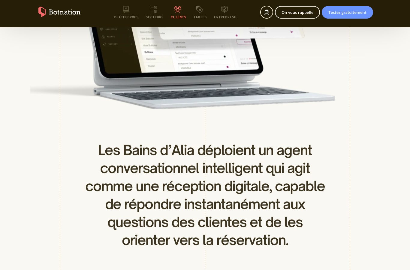 Capture d’écran de la page cas client des Bains d’Alia sur botnation.ai : le titre présente un agent conversationnel intelligent qui agit comme une réception digitale.