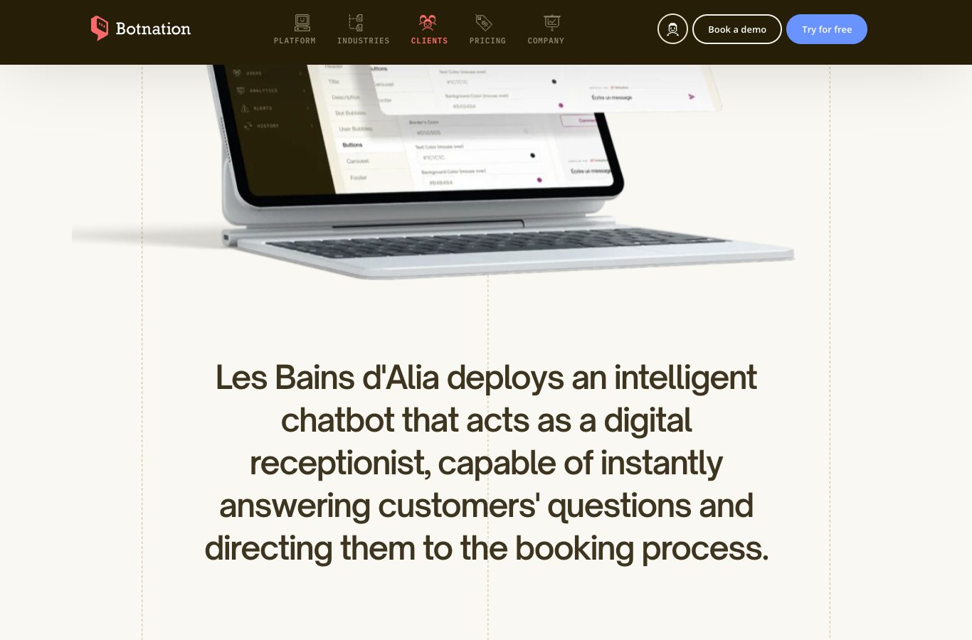 Screenshot of the Les Bains d’Alia client case page on botnation.ai: the headline presents the spa’s chatbot as a digital receptionist that answers visitors and guides them on to booking.