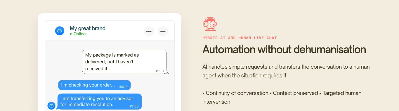 Screenshot of Botnation’s client support page: the “Automation without dehumanisation” block, with a chat mock-up in which the bot hands the conversation over to an advisor.