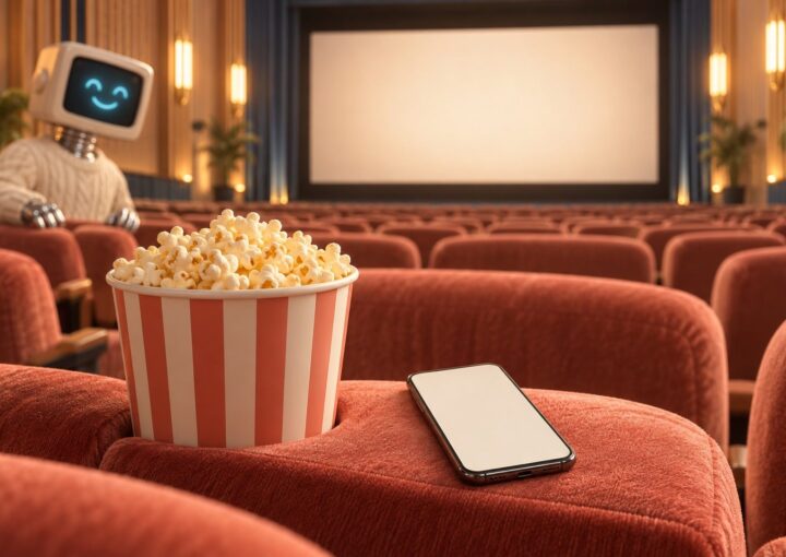 Vue depuis un fauteuil de cinéma : accoudoir de velours corail, seau à popcorn rayé et smartphone à l’écran vierge au premier plan, écran de projection vide et petite mascotte robot rétro flous en arrière-plan.