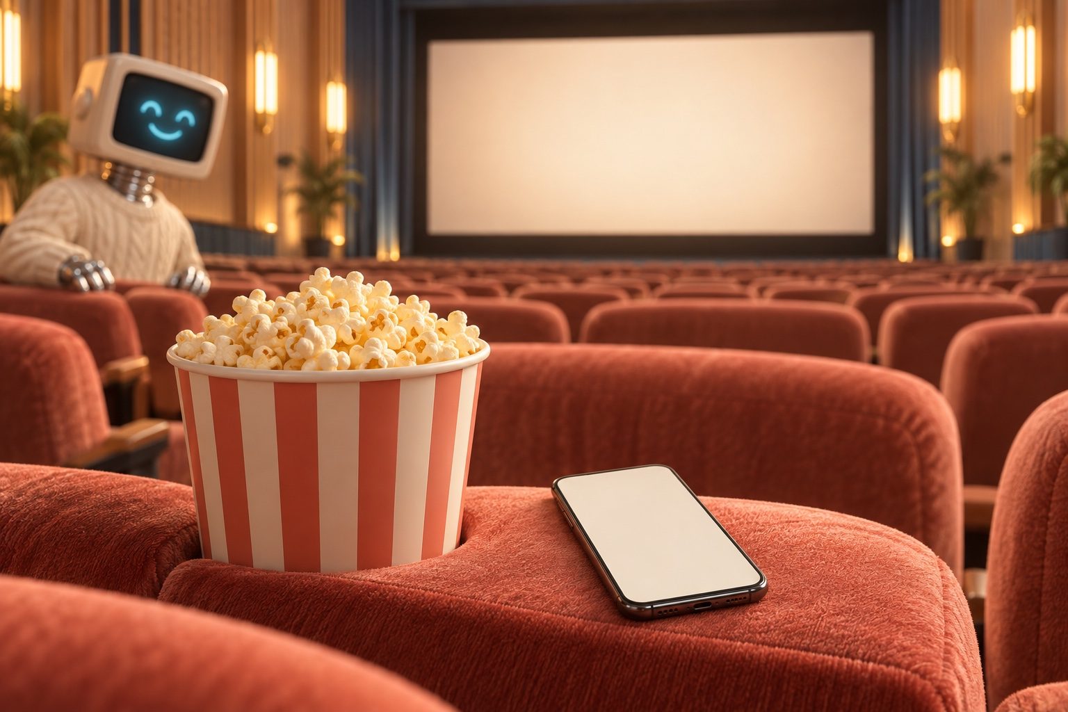 Vue depuis un fauteuil de cinéma : accoudoir de velours corail, seau à popcorn rayé et smartphone à l’écran vierge au premier plan, écran de projection vide et petite mascotte robot rétro flous en arrière-plan.