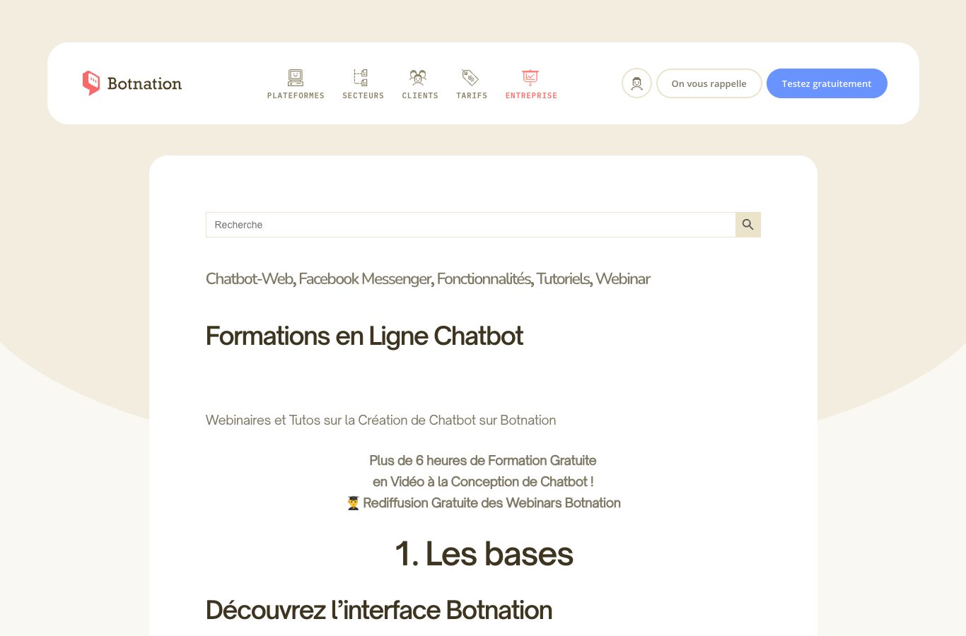 Page des formations en ligne gratuites de Botnation, avec le titre Plus de 6 heures de Formation Gratuite et le premier chapitre intitulé Les bases