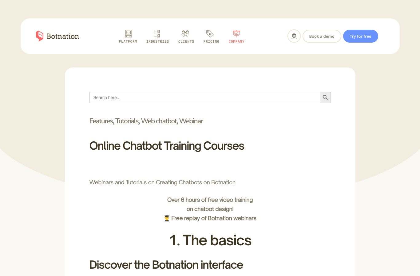 Botnation’s Online Chatbot Training Courses page, with the heading Over 6 hours of free video training on chatbot design and the first chapter, The basics