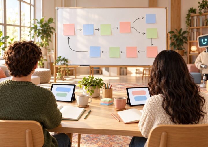 Salle de formation lumineuse vue depuis l’arrière : deux apprenants assis à une table en bois clair, vus strictement de dos, face à un grand tableau blanc couvert de notes pastel reliées par des flèches comme un organigramme, chacun devant une tablette affichant des bulles de conversation colorées encore vides, cahiers et tasses de café à portée de main, un petit robot rétro à tête d’écran crème vêtu d’un pull, flou, à droite.