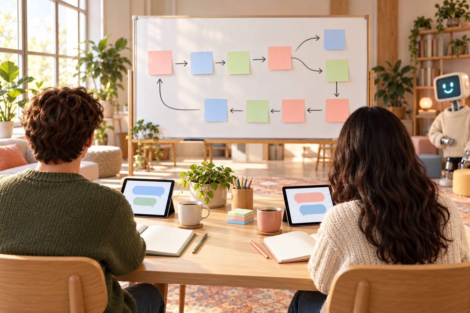 Salle de formation lumineuse vue depuis l’arrière : deux apprenants assis à une table en bois clair, vus strictement de dos, face à un grand tableau blanc couvert de notes pastel reliées par des flèches comme un organigramme, chacun devant une tablette affichant des bulles de conversation colorées encore vides, cahiers et tasses de café à portée de main, un petit robot rétro à tête d’écran crème vêtu d’un pull, flou, à droite.