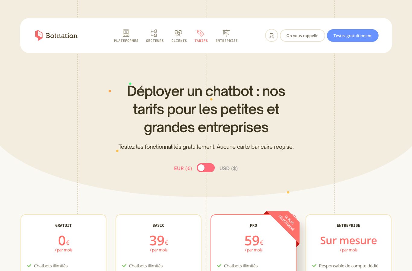 Grille tarifaire Botnation avec les offres Gratuit, Basic, Pro et Entreprise, et leurs prix mensuels