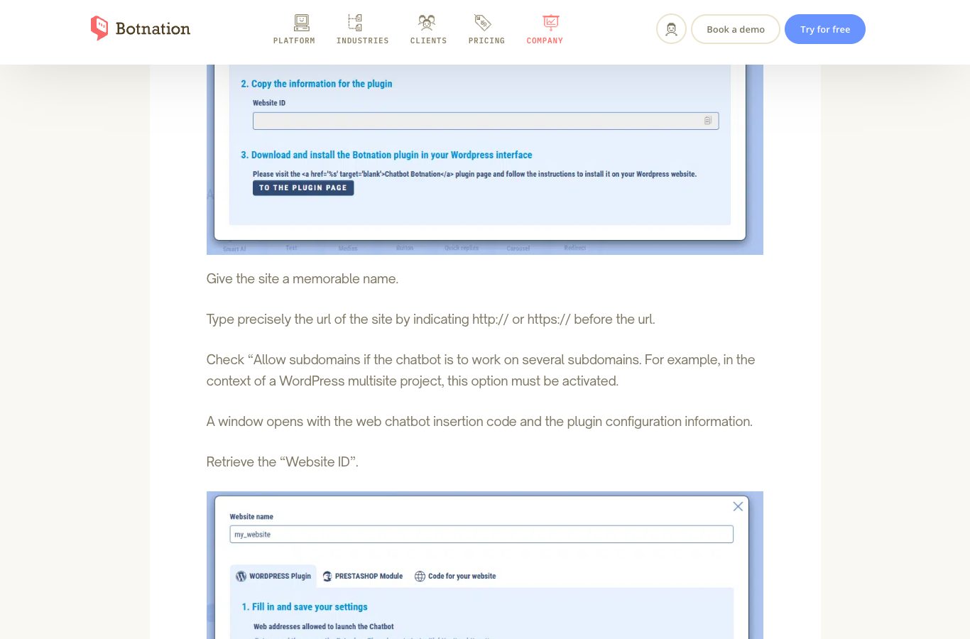 Botnation’s English help page about the WordPress plugin: copying the information for the plugin, the Website ID, and the site settings panel with its three tabs, for the WordPress plugin, for the PrestaShop module and for the code of your website