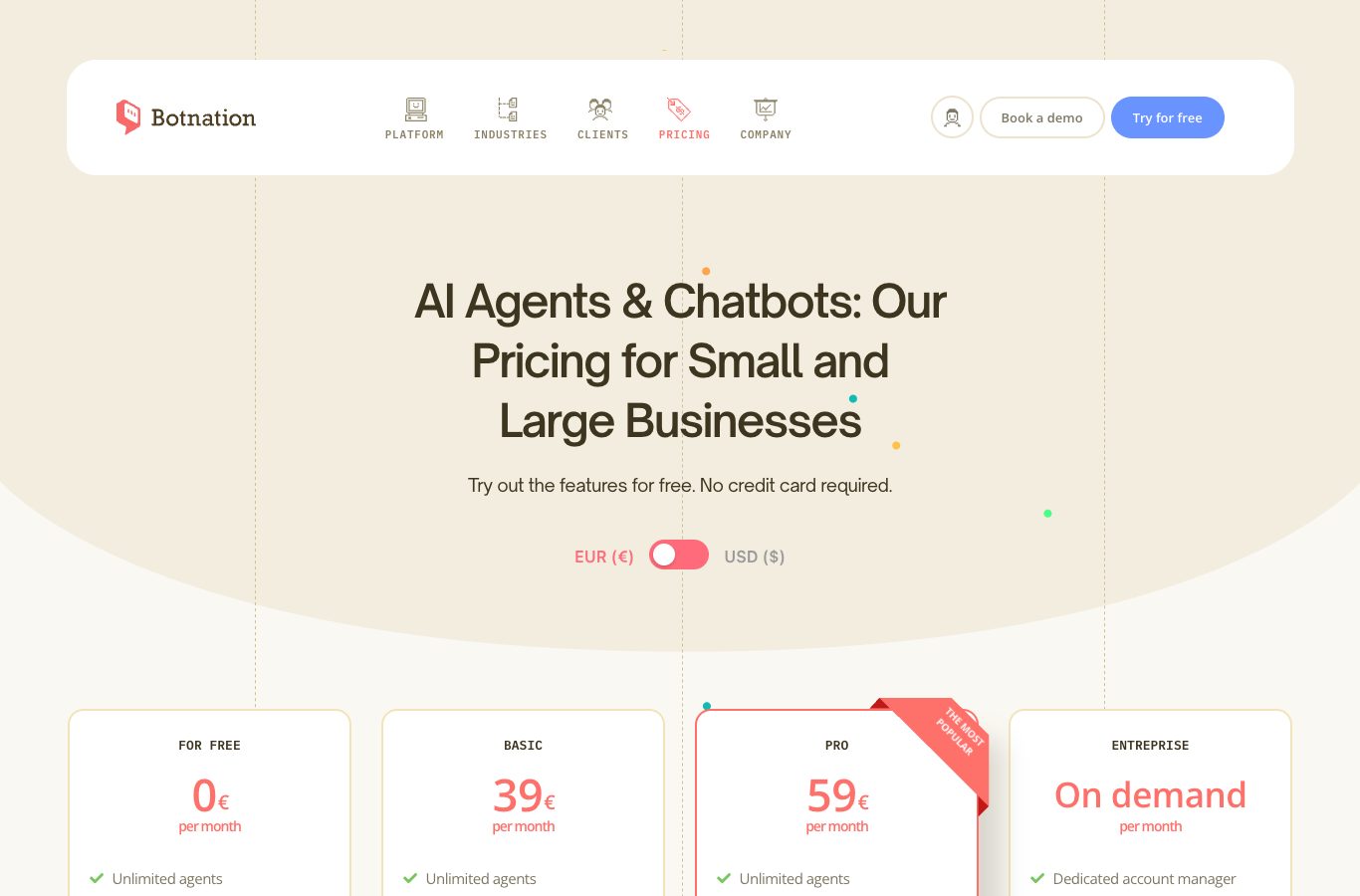 Botnation’s English pricing page, with the plans For free at 0 €, Basic at 39 €, Pro at 59 € and Entreprise on demand, and their monthly prices