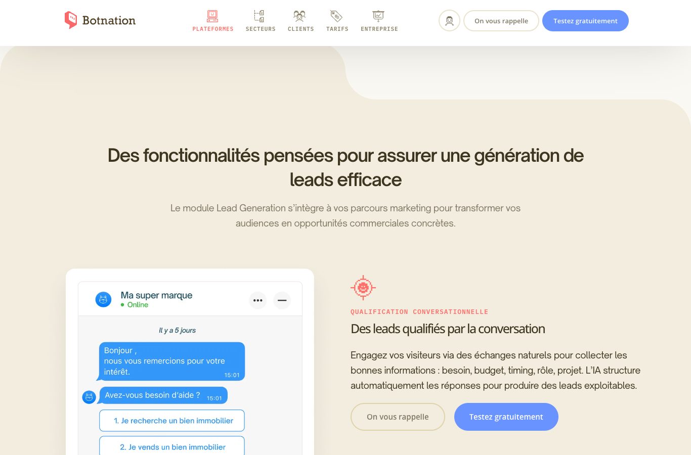 Capture de la page génération de leads de Botnation : une conversation de qualification donnée en exemple, avec des boutons de réponse