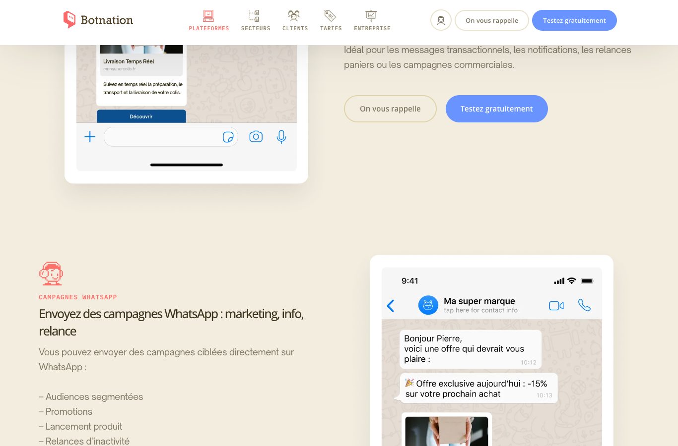 Capture de la page WhatsApp de Botnation : la liste des types de campagnes (audiences segmentées, promotions, lancement produit, relances d’inactivité) à côté d’un téléphone montrant un exemple de message