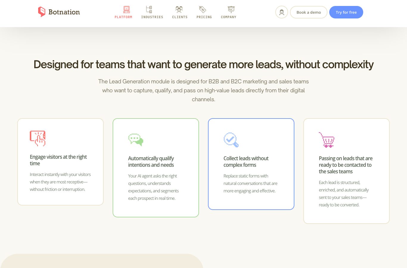 Screenshot of the Lead Generation page of Botnation: four cards on engaging visitors, qualifying intentions and needs, collecting leads without complex forms, and passing ready leads on to the sales teams
