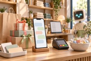 Rendu 3D photoréaliste, vue large de face d’un comptoir de boutique : un smartphone sur support en bois affiche une conversation de bulles de chat colorées vides, coffrets cadeaux aux rubans corail et sauge, sac en papier, terminal de paiement, coupe de bonbons emballés, étagères de produits pliés en arrière-plan, et la petite mascotte robot rétro au bord droit.