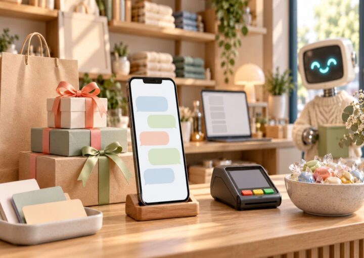 Rendu 3D photoréaliste, vue large de face d’un comptoir de boutique : un smartphone sur support en bois affiche une conversation de bulles de chat colorées vides, coffrets cadeaux aux rubans corail et sauge, sac en papier, terminal de paiement, coupe de bonbons emballés, étagères de produits pliés en arrière-plan, et la petite mascotte robot rétro au bord droit.