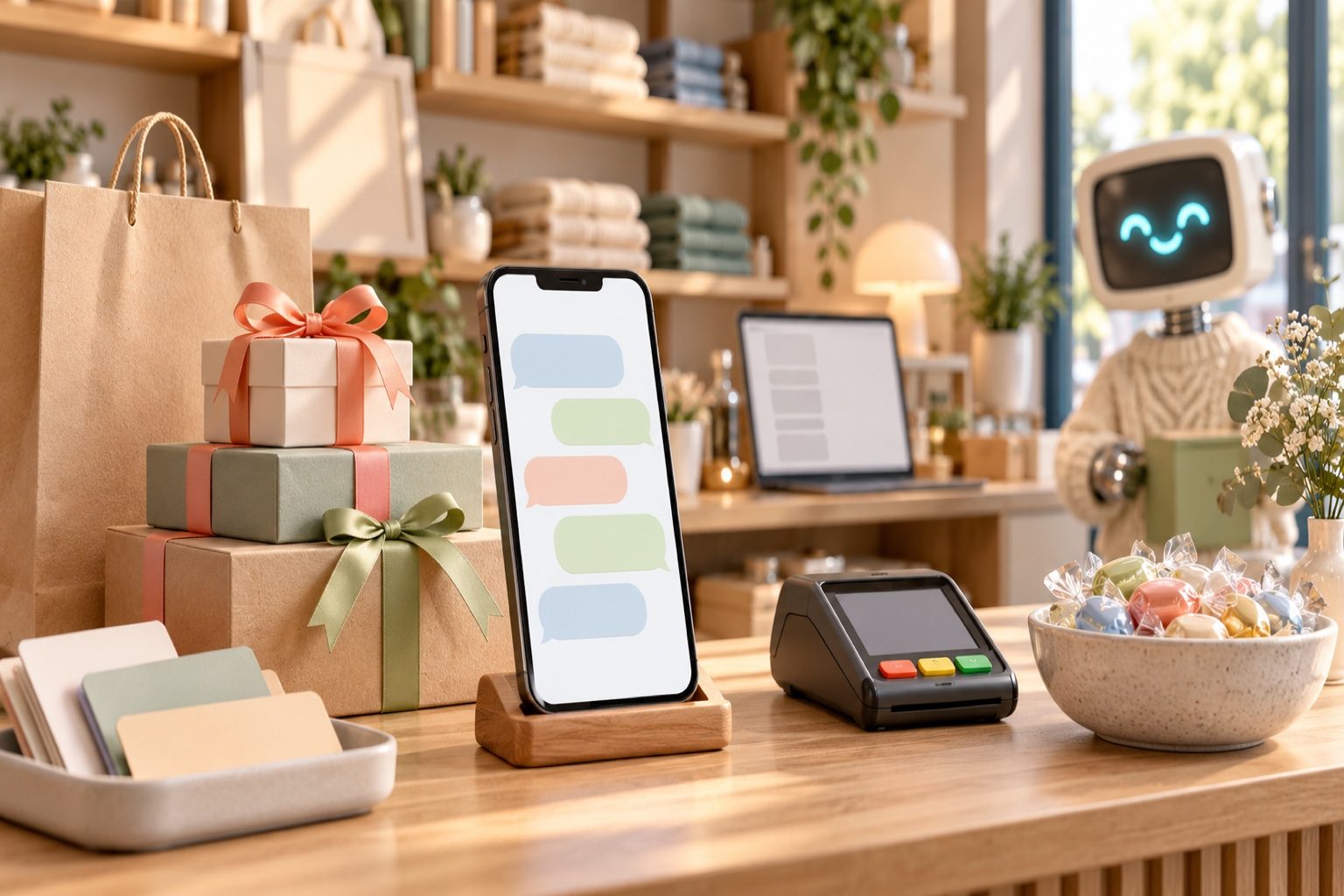Rendu 3D photoréaliste, vue large de face d’un comptoir de boutique : un smartphone sur support en bois affiche une conversation de bulles de chat colorées vides, coffrets cadeaux aux rubans corail et sauge, sac en papier, terminal de paiement, coupe de bonbons emballés, étagères de produits pliés en arrière-plan, et la petite mascotte robot rétro au bord droit.